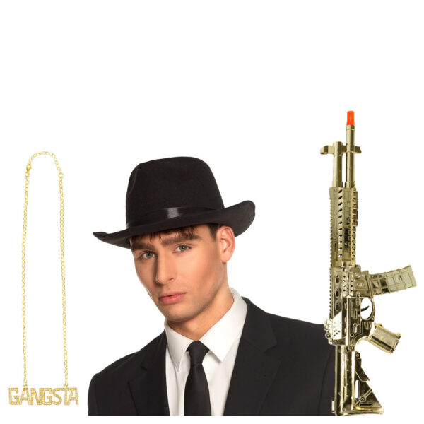 Maffia/gangster verkleedset - 3 delig - zwarte hoed - ketting Gangsta