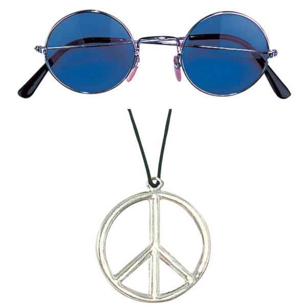 Hippie Flower Power Sixties verkleed set ketting met blauwe party bril