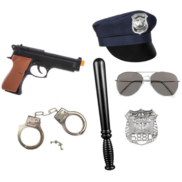 Carnaval verkleed set XL - politie agent - pet/knuppel/badge/pistool/zonnebril/handboeien