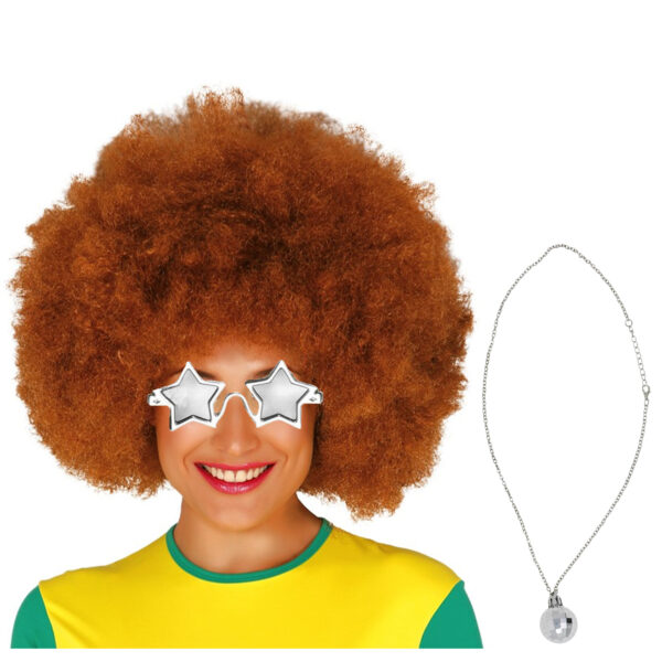 Carnaval verkleedset afropruik bruin/bril/ketting - heren/dames - Seventies/disco danser