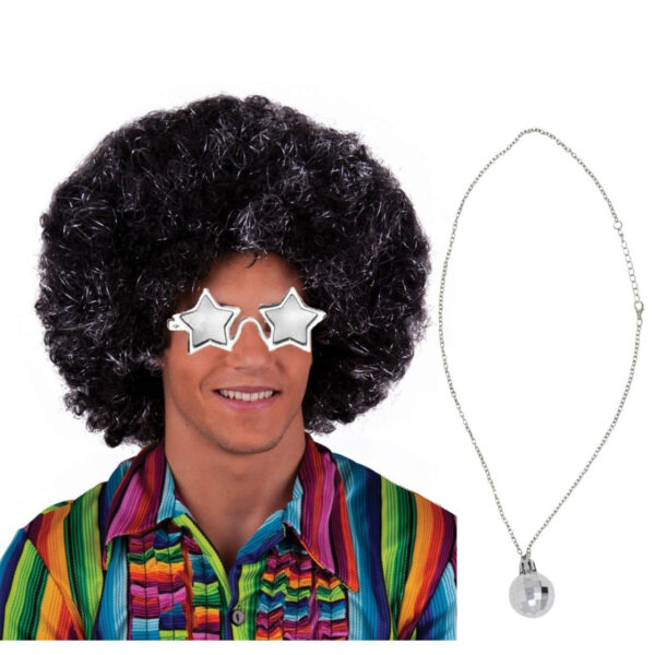 Carnaval verkleedset Seventies/disco danser - afropruik zwart/bril/ketting - heren/dames