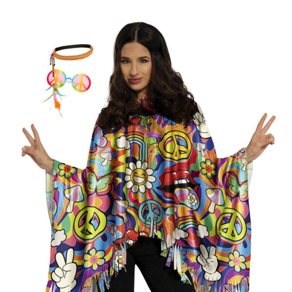 Hippie verkleed set - poncho/bril/hoofdband - one size - Jaren 60/flower power verkleedkleding