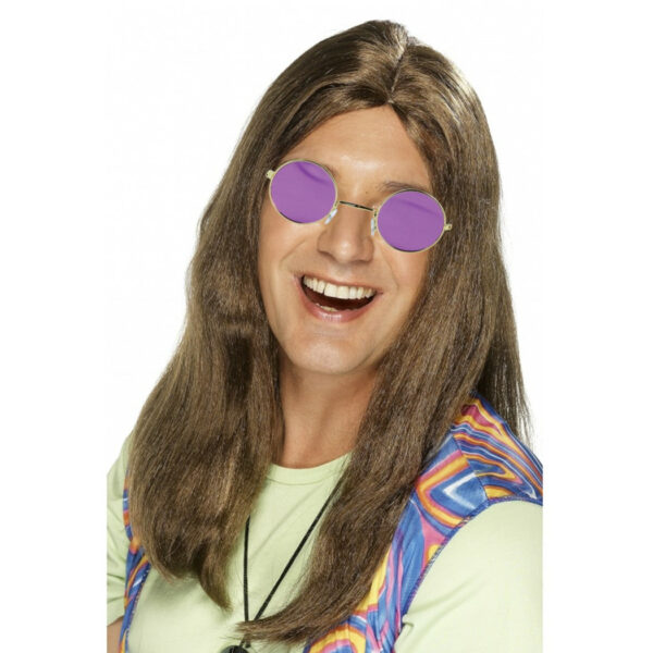 Hippie Sixties verkleed set - Pruik lang haar bruin - bril paars