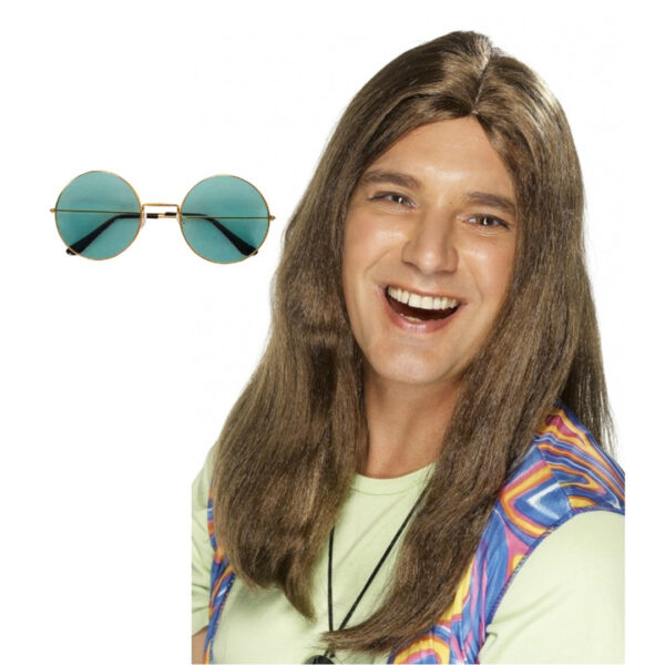 Hippie Sixties verkleed set - Pruik lang haar bruin - bril groen