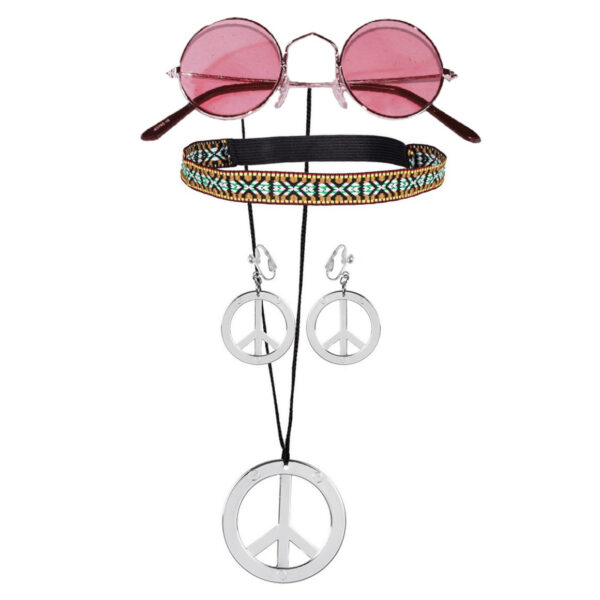 Hippie Sixties verkleed set dames - sieraden en bril roze