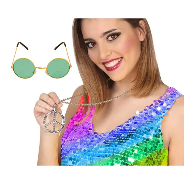 Hippie Sixties verkleed accessoires - ronde glazen bril en ketting