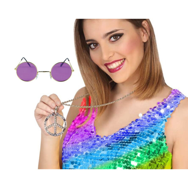Hippie Sixties verkleed accessoires - ronde glazen bril en ketting