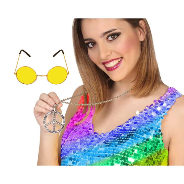 Hippie Sixties verkleed accessoires - ronde glazen bril en ketting