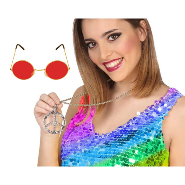Hippie Sixties verkleed accessoires - ronde glazen bril en ketting