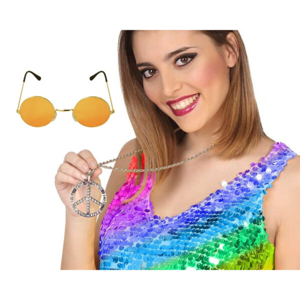 Hippie Sixties verkleed accessoires - ronde glazen bril en ketting