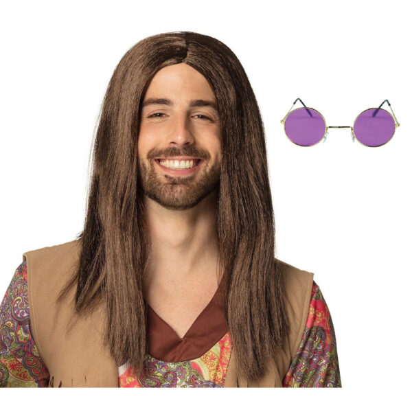 Hippie Sixties verkleed set - Pruik lang haar bruin - bril paars