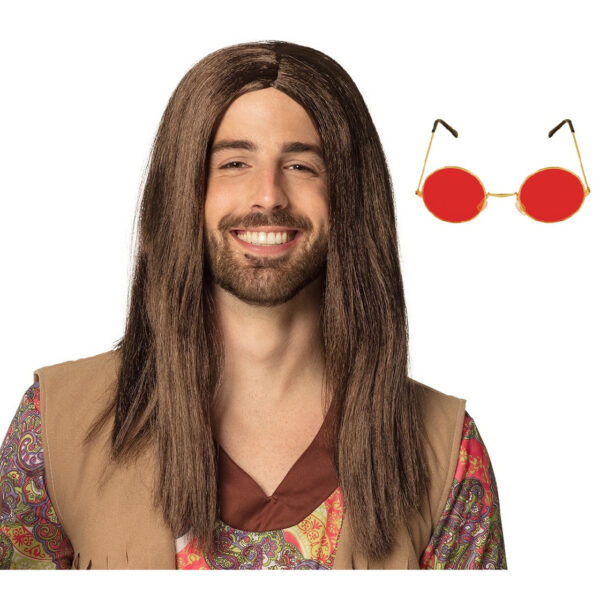 Hippie Sixties verkleed set - Pruik lang haar bruin - bril rood