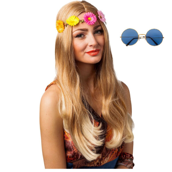 Hippie Flower Power Sixties verkleed set hoofdband met blauwe party bril