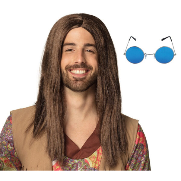 Hippie Sixties verkleed set - Pruik lang haar bruin - bril blauw
