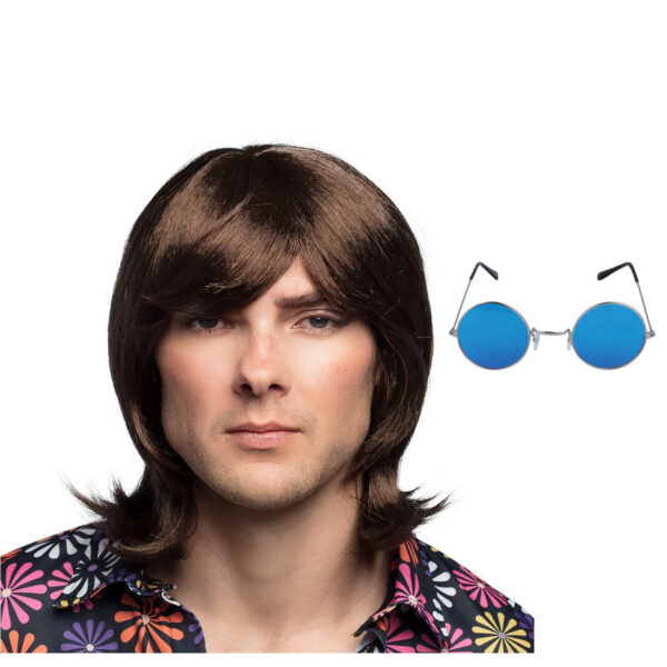Hippie Sixties verkleed set - Pruik lang haar bruin - bril blauw