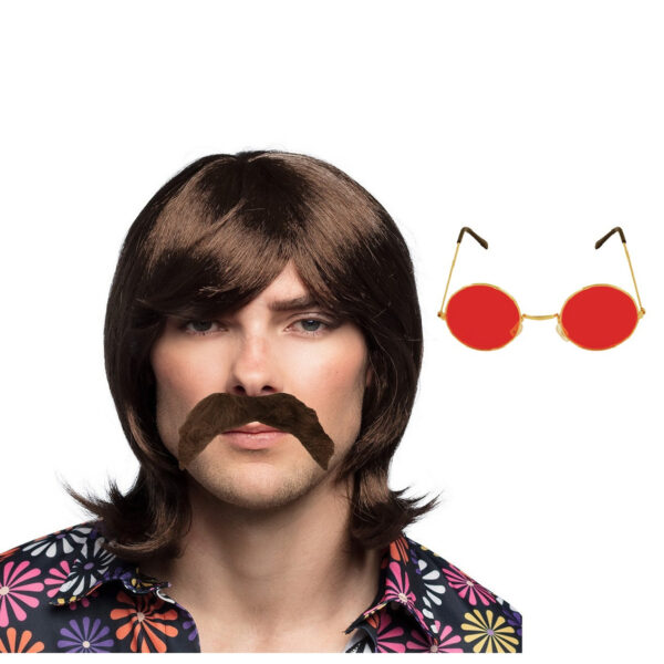 Hippie Sixties verkleed set - Pruik/snor bruin - bril rood