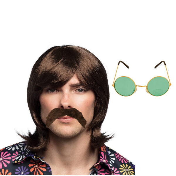 Hippie Sixties verkleed set - Pruik/snor bruin - bril groen