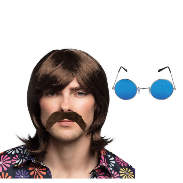 Hippie Sixties verkleed set - Pruik/snor bruin - bril blauw