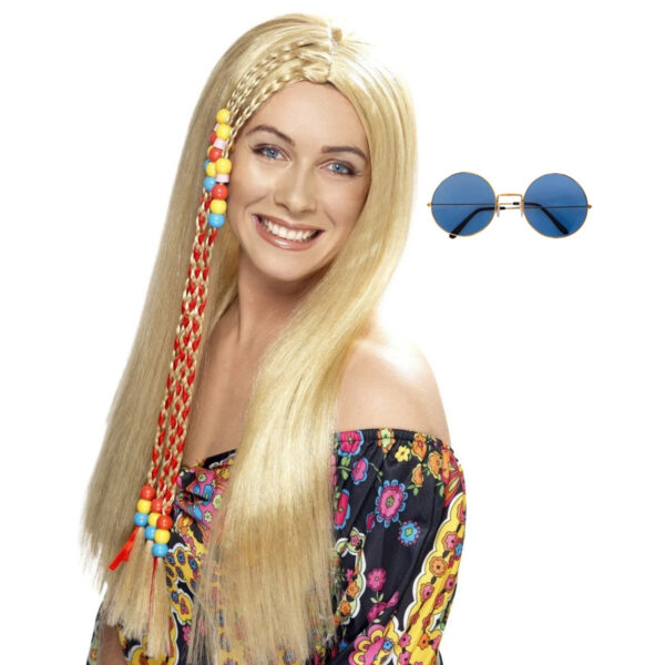 Hippie Sixties verkleedset dames - Pruik blond - bril blauw
