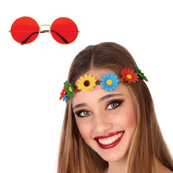 Flower Power verkleed accessoires - Bloemen band - Hippie bril rood