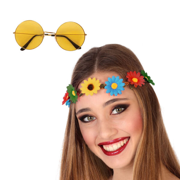 Flower Power verkleed accessoires - Bloemen band - Hippie bril geel