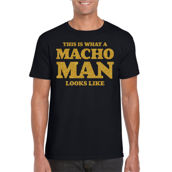 Bellatio Decorations Foute party t-shirt voor heren - macho man - zwart - glitter goud - themafeest