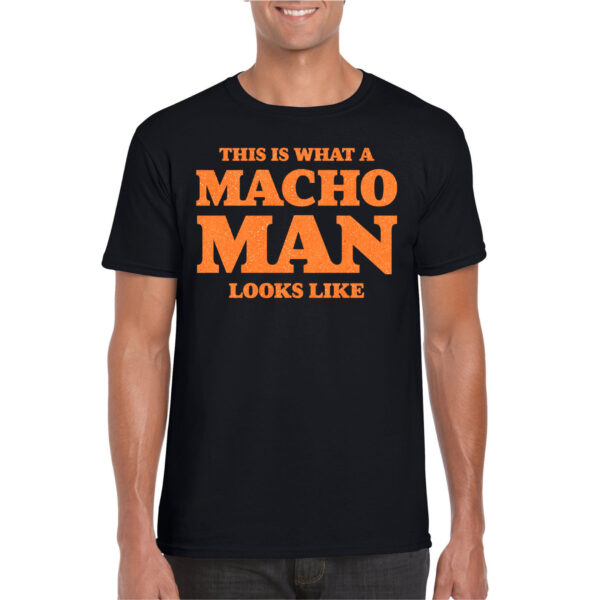 Bellatio Decorations Foute party t-shirt voor heren - macho man - zwart - glitter oranje - themafeest