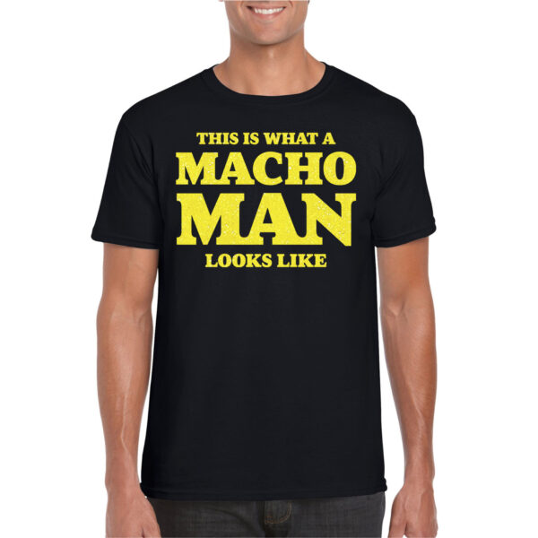 Foute party t-shirt voor heren - macho man - zwart - glitter geel - carnaval/themafeest