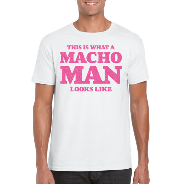 Bellatio Decorations Foute party t-shirt voor heren - macho man - wit - glitter roze - themafeest