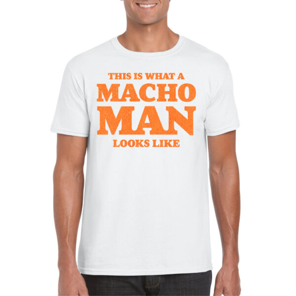 Bellatio Decorations Foute party t-shirt voor heren - macho man - wit - glitter oranje - themafeest