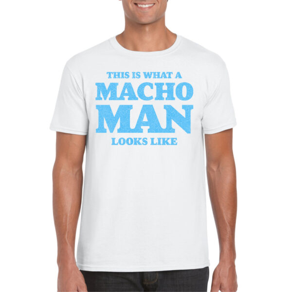 Bellatio Decorations Foute party t-shirt voor heren - macho man - wit - glitter blauw - themafeest