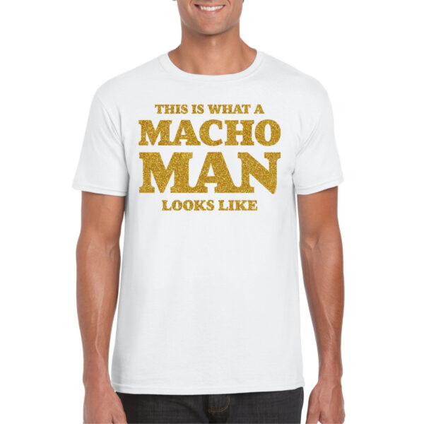 Bellatio Decorations Foute party t-shirt voor heren - macho man - wit - glitter goud - themafeest