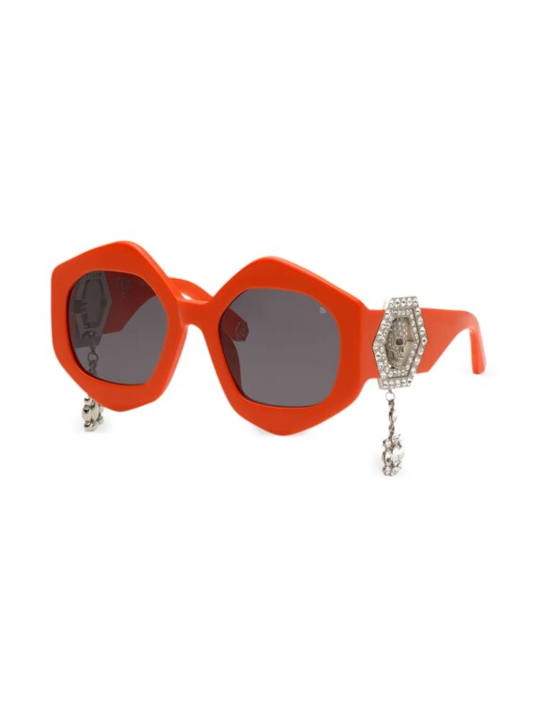 Philipp Plein Eyewear Zonnebril met zeshoekig montuur en doodskop bedel - Oranje
