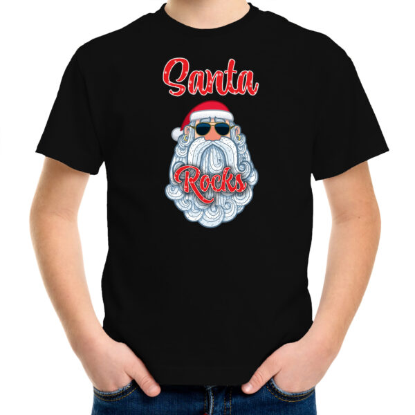 Bellatio Decorations kerst t-shirt voor kinderen - Kerstman - Santa Rocks - zwart