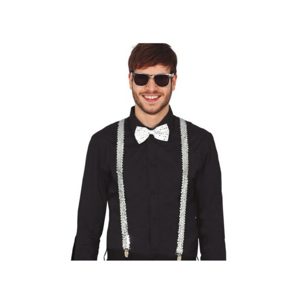 Carnaval verkleed set - bretels/party bril/vlinderstrikje - zilver - volwassenen/heren/dames