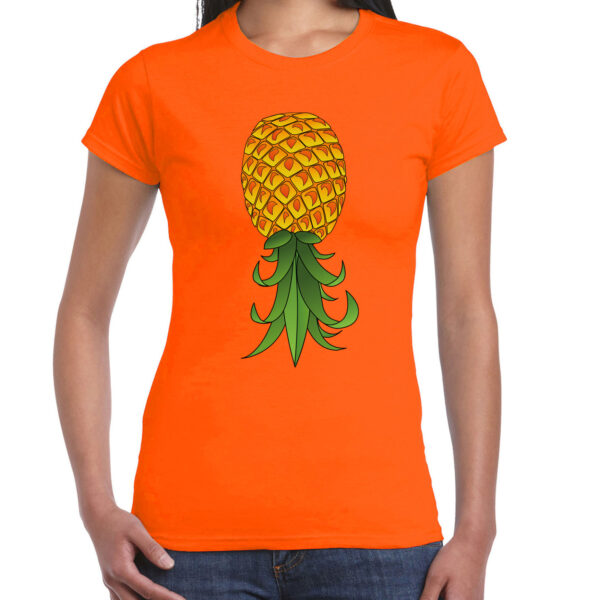 Verkleed T-shirt dames - oranje - omgekeerde ananas - foute party/themafeest