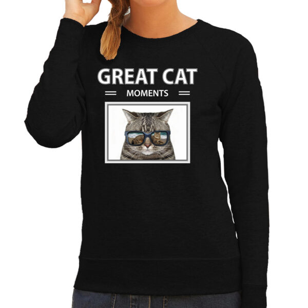 Grijze kat foto sweater zwart voor dames - great cat mowoments cadeau trui katten liefhebber