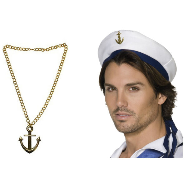 Carnaval verkleed Matrozen hoedje - wit - met gouden anker ketting - volwassenen