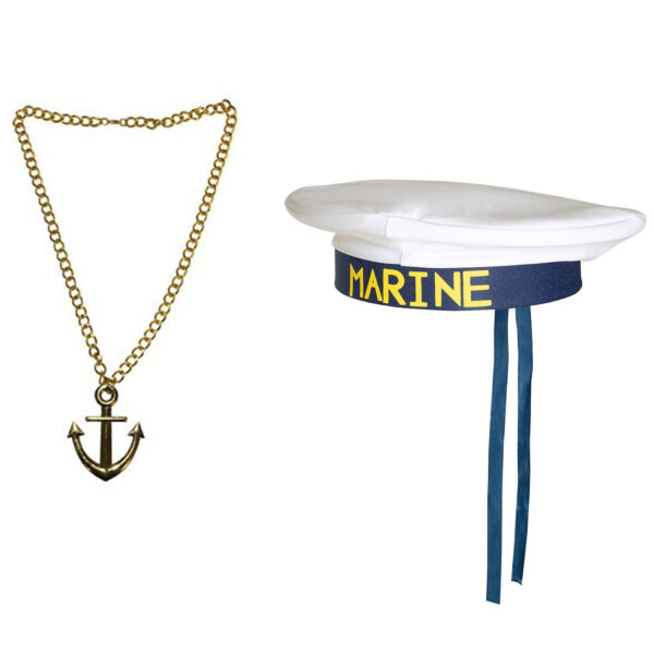 Carnaval verkleed Matrozen hoedje - wit - met gouden anker ketting - volwassenen