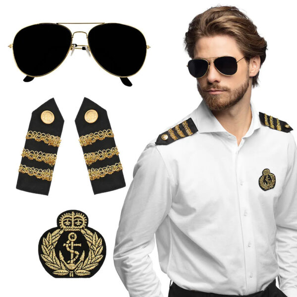 Boland Carnaval verkleed set Kapitein - zonnebril/badge/schouderstukken - volwassenen
