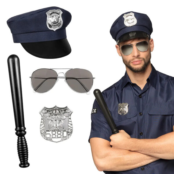 Boland Carnaval verkleed set Politie agent - zonnebril/badge/hoed/knuppel - volwassenen