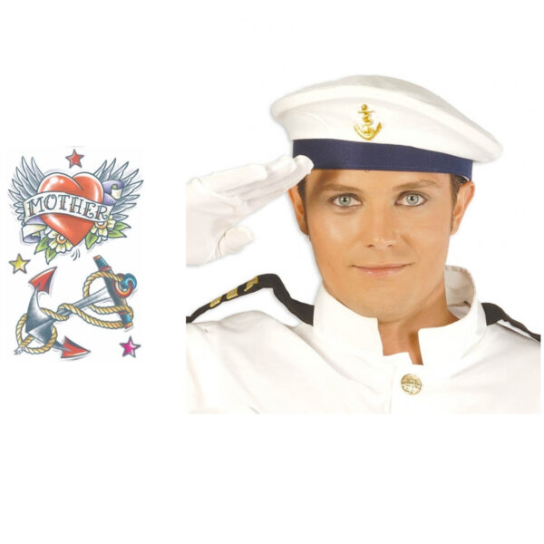 Carnaval verkleed Matrozen hoedje - wit - met zeeman plak tatoeages - volwassenen