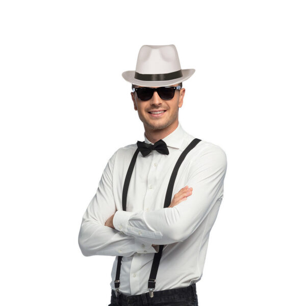 Carnaval verkleedset Gangster - hoed/bretels/bril/strikje - wit