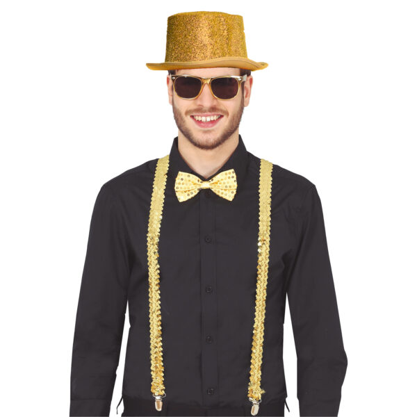 Carnaval verkleed set - goud - hoed/bretels/party bril/strik- volwassenen/unisex - feestkleding