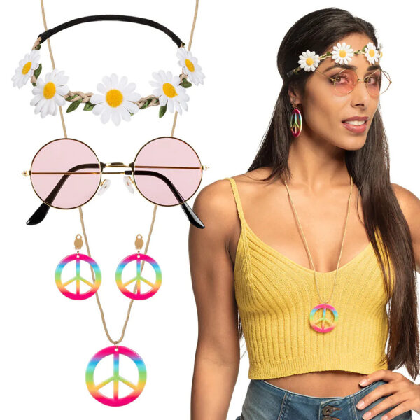 Boland Carnaval verkleed set Hippie - zonnebril/ketting/oorbellen/band