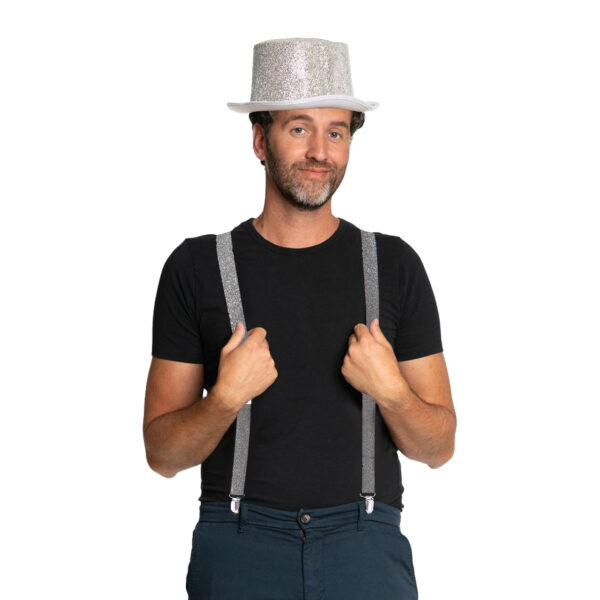 Carnaval verkleed set - zilver - glitter hoed en bretels- volwassenen/unisex - feestkleding