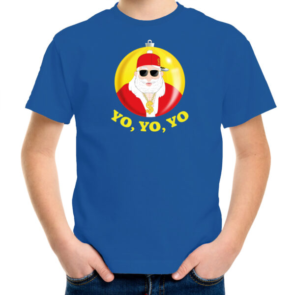 Bellatio Decorations kerst t-shirt voor kinderen - Kerstman - blauw - Yo Yo Yo