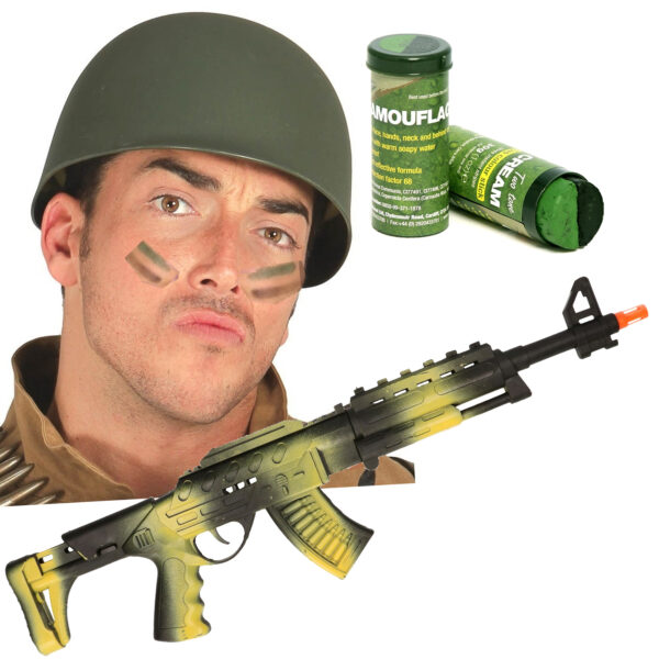 Carnaval verkleed set Leger soldaten helm - camouflage schmink stift - machinegeweer 67 cm