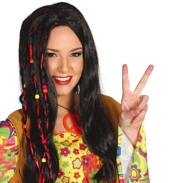 Fiestas Verkleed pruik jaren 70 voor dames - hippie stijl - zwart - stijl - met kralen - thema feest
