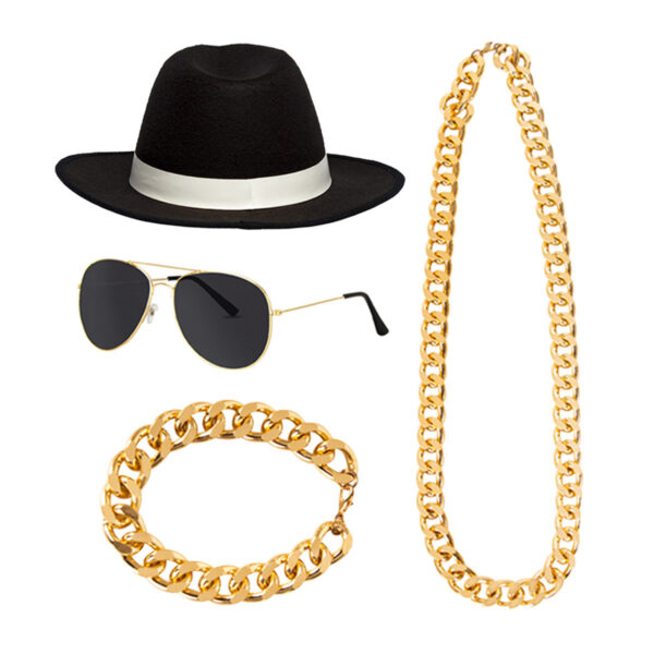 Carnaval verkleed Pooier/Pimp/Gangster set - 4 delig - volwassenen - hoed - zonnebril - sieraden